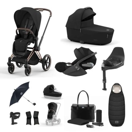 Cybex Priam 3-in-1 Travel System with Cloud T Car Seat & Base 12-Piece Bundle - Rose/Sepia Black