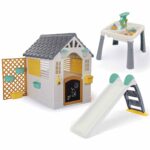 Dolu Playhouse with Fence, 2-in-1 Water Slide, 3-in-1 Water & Sand Activity Table 3-Piece Bundle - Green (2+ Years)