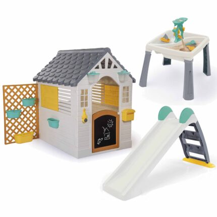 Dolu Playhouse with Fence, 2-in-1 Water Slide, 3-in-1 Water & Sand Activity Table 3-Piece Bundle - Green (2+ Years)