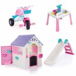 Dolu Playhouse with Fence, Water Slide, Water & Sand Activity Table & Trike 4-Piece Bundle - Pink (2+ Years)