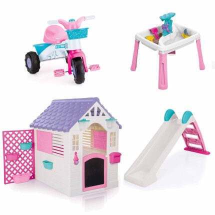 Dolu Playhouse with Fence, Water Slide, Water & Sand Activity Table & Trike 4-Piece Bundle - Pink (2+ Years)