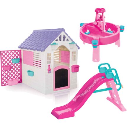 Dolu Playhouse with Play Fence, Big Splash Water Slide & 3-in-1 Water & Sand Activity Table - Pink