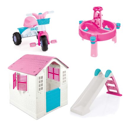 Dolu Playhouse with Water Slide, Large Water & Sand Activity Table & Trike 4-Piece Bundle - Pink (2+ Years)