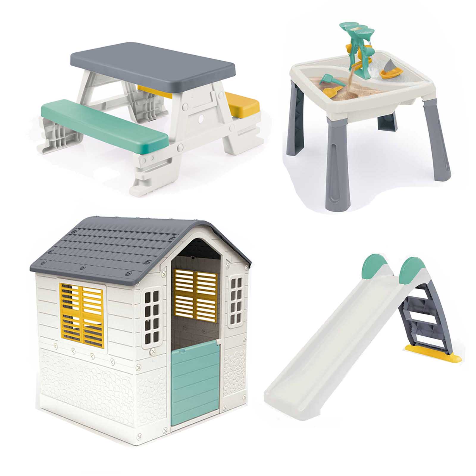 Dolu Playhouse with Water Slide, Water & Sand Activity Table & Picnic Table 4-Piece Bundle – Grey (2+ Years) - Baby Travel Dolu Playhouse with Water Slide, Water & Sand Activity Table & Picnic Table 4-Piece Bundle - Grey (2+ Years)