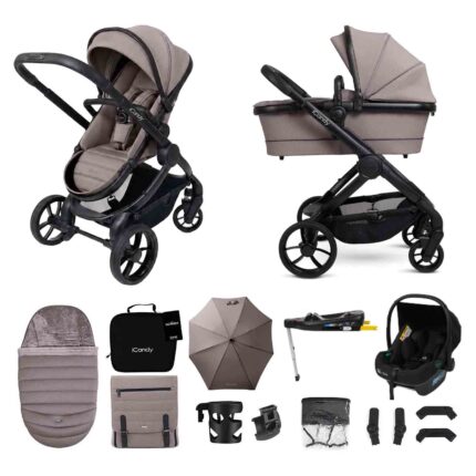 iCandy Peach 7 Travel System with Safe Fit Car Seat & Base 13-Piece Bundle - Porcini