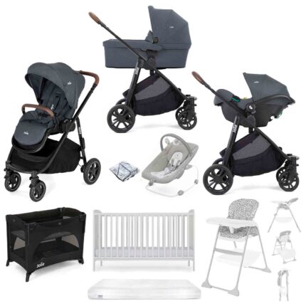 Joie Versatrax E Trio Travel System with i-Snug 2, Cot Bed & Mattress 8-Piece Bundle - Moonlight