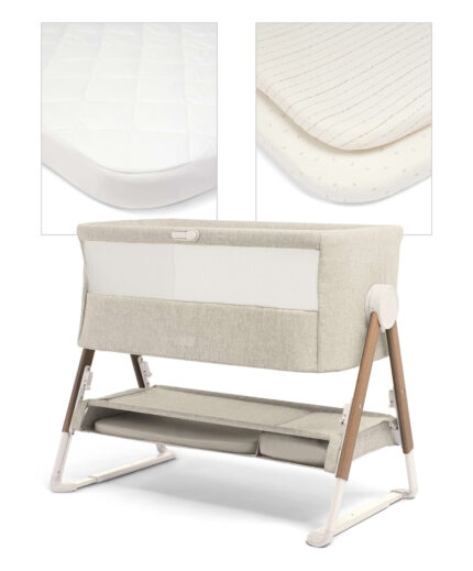 Lua Bedside Crib with Sheet & Mattress Protector Bundle - Fawn/Oatmeal