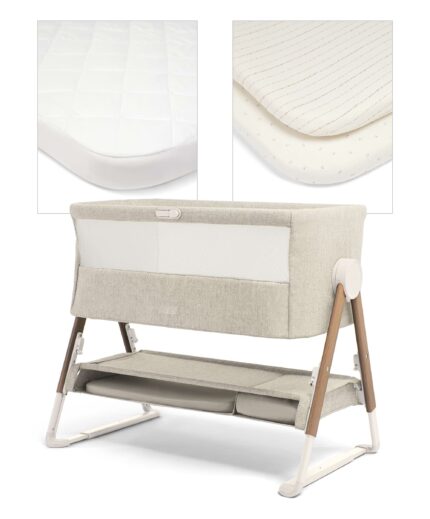 Lua Bedside Crib with Sheet & Mattress Protector Bundle - Fawn/Oatmeal