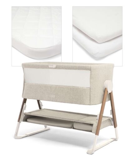 Lua Bedside Crib with Sheet & Mattress Protector Bundle - Fawn/White