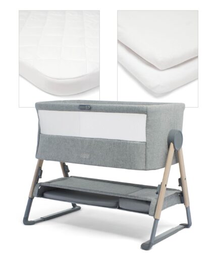 Lua Bedside Crib with Sheet & Mattress Protector Bundle - Grey/White