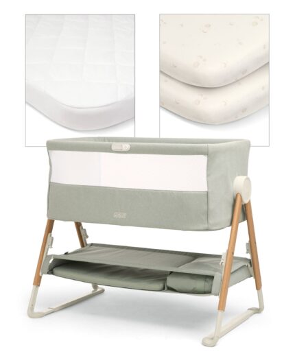 Lua Bedside Crib with Sheet & Mattress Protector Bundle - Sage/Cosmic Sky