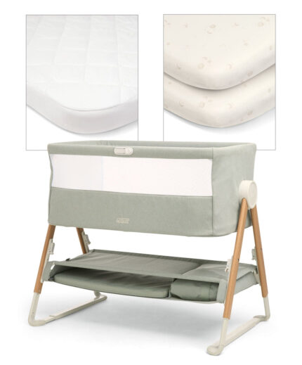 Lua Bedside Crib with Sheet & Mattress Protector Bundle - Sage/Cosmic Sky