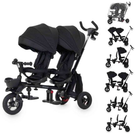 Puggle Designer Double Twin Spin 7-in-1 Folding Trike with Rain Cover - Black (9 months - 5 years)