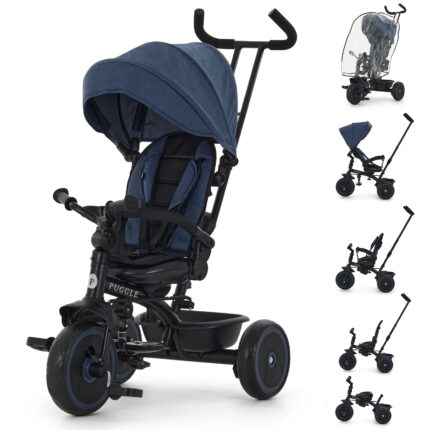 Puggle Easy Twist 6-in-1 Folding Trike with Handle and Rain Cover - Denim Blue (9 Months - 5 Years)