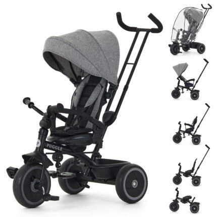 Puggle Easy Twist 6-in-1 Folding Trike with Handle and Rain Cover - Melange Grey (9 Months - 5 Years)