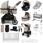 Puggle Monaco XT 2-in-1 Travel System with Henbury Cot Bed & Eco Fibre Mattress 14-Piece Bundle - Cashmere