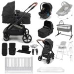 Puggle Monaco XT 2-in-1 Travel System with Henbury Cot Bed & Eco Fibre Mattress 14-Piece Bundle - Storm Black