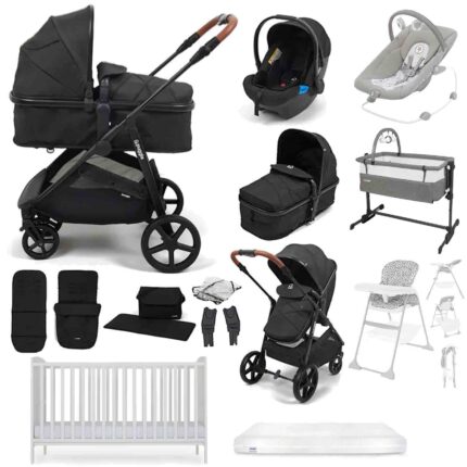 Puggle Monaco XT 2-in-1 Travel System with Henbury Cot Bed & Eco Fibre Mattress 14-Piece Bundle - Storm Black
