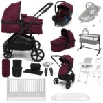 Puggle Monaco XT 2-in-1 Travel System with Henbury Cot Bed & Eco Fibre Mattress 14-Piece Bundle - Burgundy