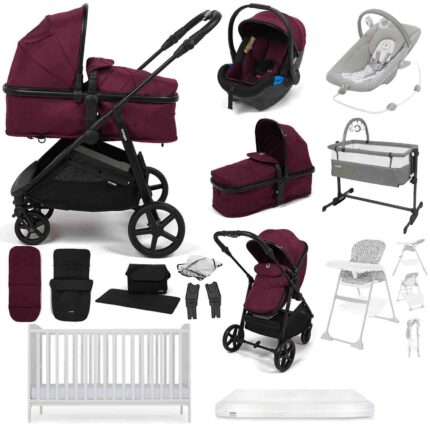 Puggle Monaco XT 2-in-1 Travel System with Henbury Cot Bed & Eco Fibre Mattress 14-Piece Bundle - Burgundy