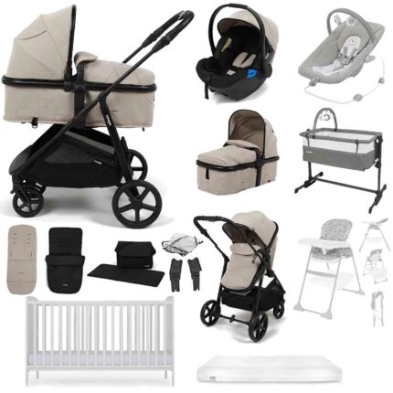 Puggle Monaco XT 2-in-1 Travel System with Henbury Cot Bed & Eco Fibre Mattress 14-Piece Bundle - Cashmere