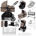 Puggle Monaco XT 2-in-1 Travel System with Henbury Cot Bed & Eco Fibre Mattress 14-Piece Bundle - Truffle