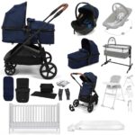 Puggle Monaco XT 2-in-1 Travel System with Henbury Cot Bed & Eco Fibre Mattress 14-Piece Bundle - Navy