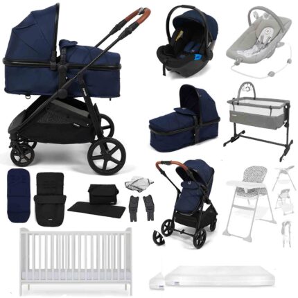 Puggle Monaco XT 2-in-1 Travel System with Henbury Cot Bed & Eco Fibre Mattress 14-Piece Bundle - Navy