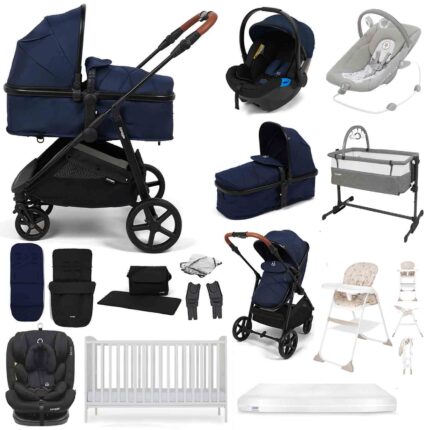 Puggle Monaco XT 2-in-1 Travel System with Henbury Cot Bed & Fibre Mattress 15-Piece Bundle - Navy