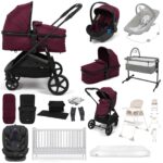 Puggle Monaco XT 2-in-1 Travel System with Henbury Cot Bed & Fibre Mattress 15-Piece Bundle - Burgundy