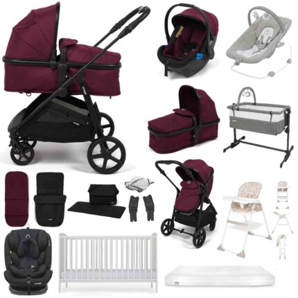 Puggle Monaco XT 2-in-1 Travel System with Henbury Cot Bed & Fibre Mattress 15-Piece Bundle - Burgundy