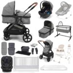 Puggle Monaco XT 2-in-1 Travel System with Henbury Cot Bed & Fibre Mattress 15-Piece Bundle - Graphite Grey