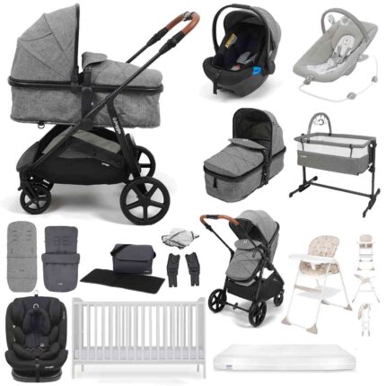 Puggle Monaco XT 2-in-1 Travel System with Henbury Cot Bed & Fibre Mattress 15-Piece Bundle - Graphite Grey