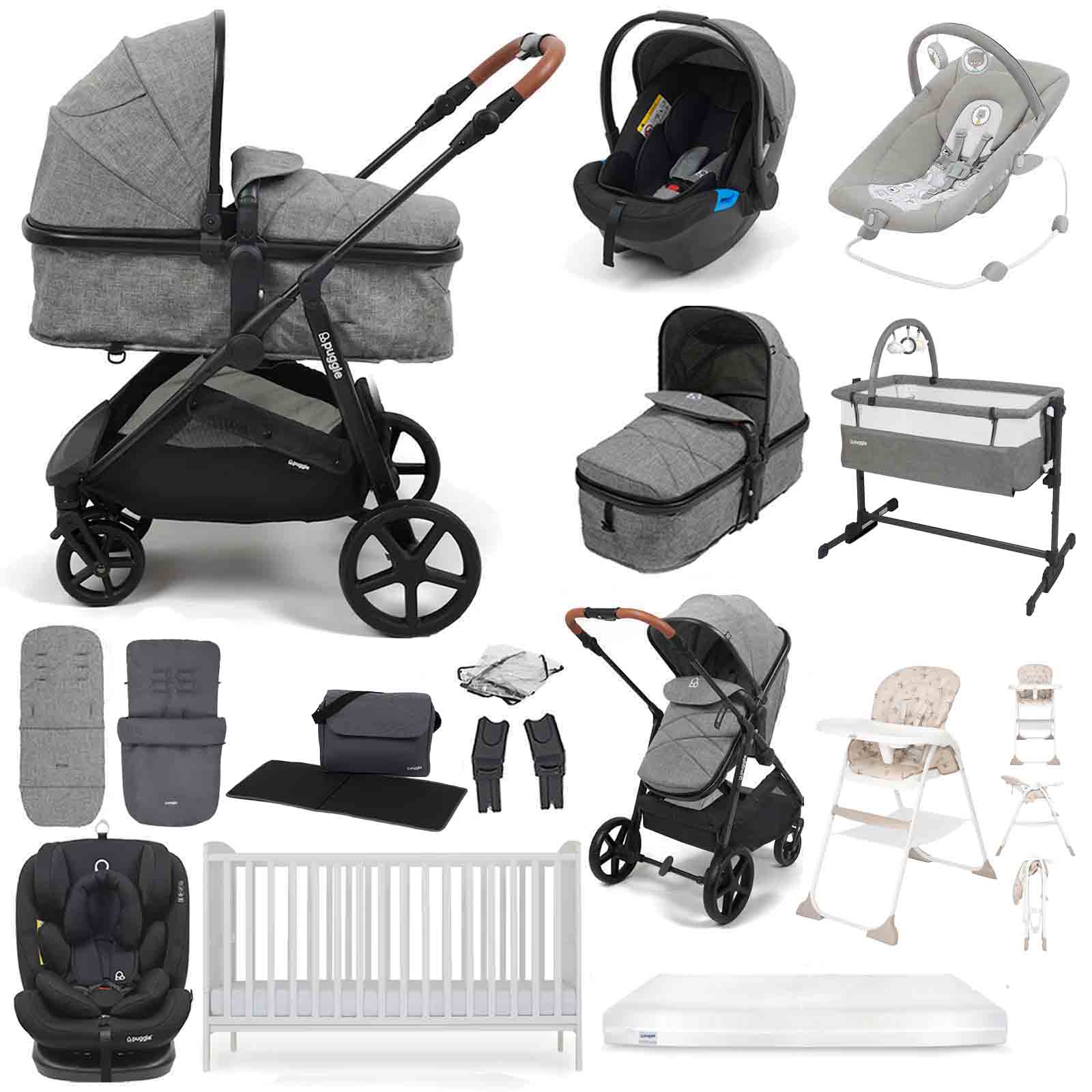 Puggle Monaco XT 2-in-1 Travel System with Henbury Cot Bed & Fibre Mattress 15-Piece Bundle – Graphite Grey - Baby Travel Puggle Monaco XT 2-in-1 Travel System with Henbury Cot Bed & Fibre Mattress 15-Piece Bundle - Graphite Grey