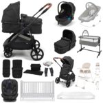 Puggle Monaco XT 2-in-1 Travel System with Henbury Cot Bed & Fibre Mattress 15-Piece Bundle - Storm Black
