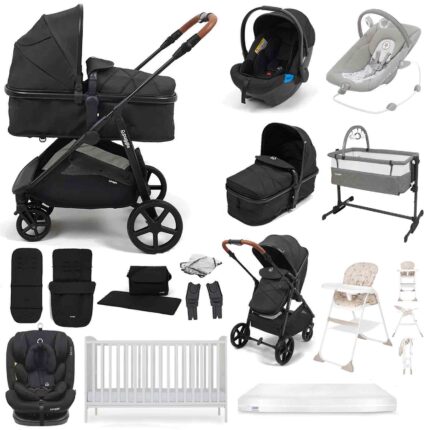 Puggle Monaco XT 2-in-1 Travel System with Henbury Cot Bed & Fibre Mattress 15-Piece Bundle - Storm Black