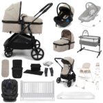 Puggle Monaco XT 2-in-1 Travel System with Henbury Cot Bed & Fibre Mattress 15-Piece Bundle - Cashmere