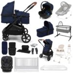 Puggle Monaco XT 2-in-1 Travel System with Henbury Cot Bed & Fibre Mattress 15-Piece Bundle - Navy