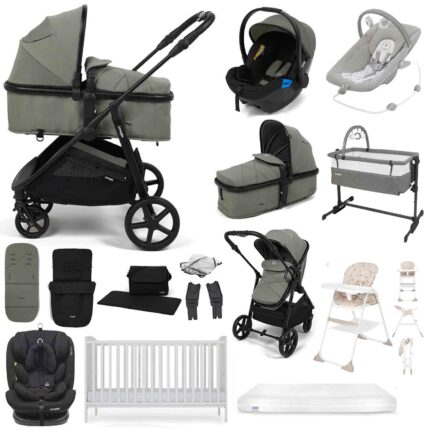 Puggle Monaco XT 2-in-1 Travel System with Henbury Cot Bed & Fibre Mattress 15-Piece Bundle - Seagrass