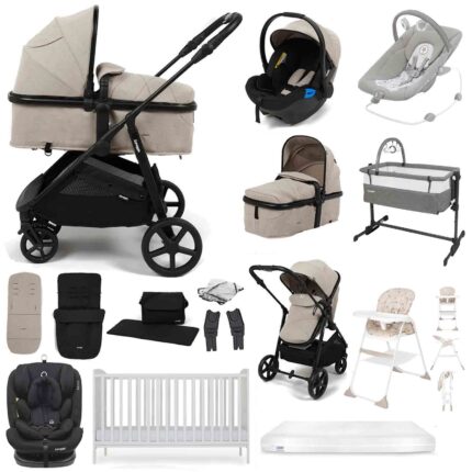 Puggle Monaco XT 2-in-1 Travel System with Henbury Cot Bed & Fibre Mattress 15-Piece Bundle - Cashmere