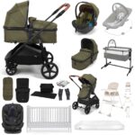 Puggle Monaco XT 2-in-1 Travel System with Henbury Cot Bed & Fibre Mattress 15-Piece Bundle - Forest Green