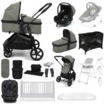 Puggle Monaco XT i-Size Travel System with Henbury Cot Bed & Mattress 15-Piece Bundle - Graphite Grey