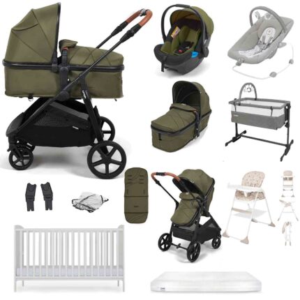 Puggle Monaco XT Travel System with Cot Bed & Mattress, 11 Pcs Everything You Need Bundle - Forest Green