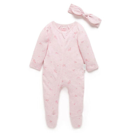 Purebaby Zip Sleepsuit & Headband Set - Pale Pink Blossom
